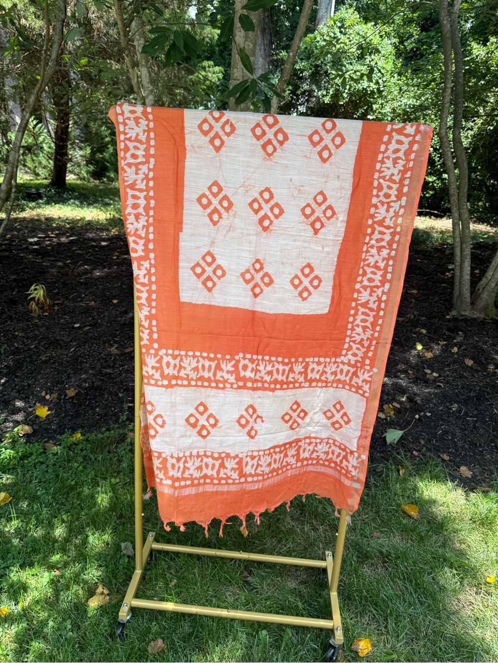 Handblocked Orange and White Cotton Scarf Wrap